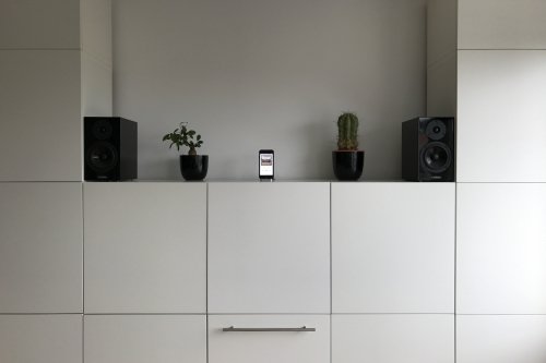 Music from the office cabinet - iPhone as a connected music player. Quite the solid rock show in combination with Apple Watch as remote.