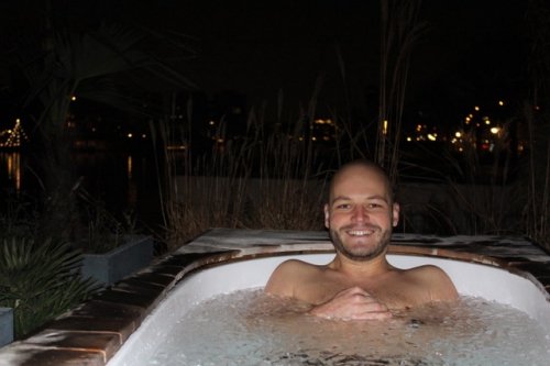 Not your typical hot tub... taking an ice bath!