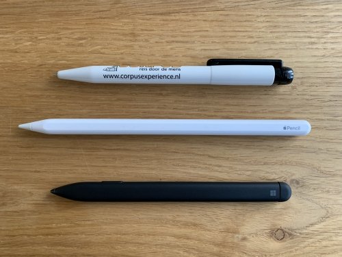 The Surface Slim Pen is about the same size as a conventional pen, slightly smaller then Apple Pencil