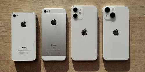 Generations of small screen iPhones: iPhone 4S, iPhone SE, iPhone 12 Mini, iPhone 13 Mini