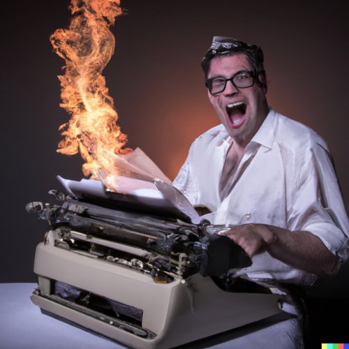 A crazy news editor with a type writer reading a news paper on fire