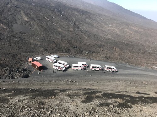 Not your typical busses. These 4x4 vehicles double as emergency escape cars in case of eruption.