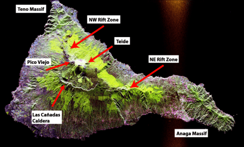 Radar image from NASA showing the Teide volcano on the island of Tenerife, Canary Islands, Spain (Wikimedia Commons)