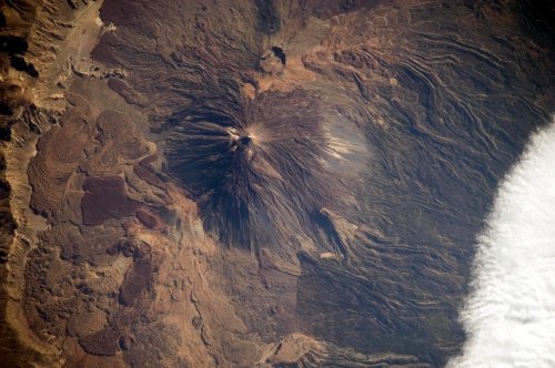 This detailed astronaut photograph features two stratovolcanoes, Pico de Teide and Pico Viejo (taken from the International Space Station, public domain)