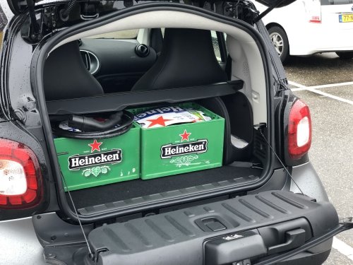 Two boxes of beer fit comfortably in the luggage compartment of the Smart