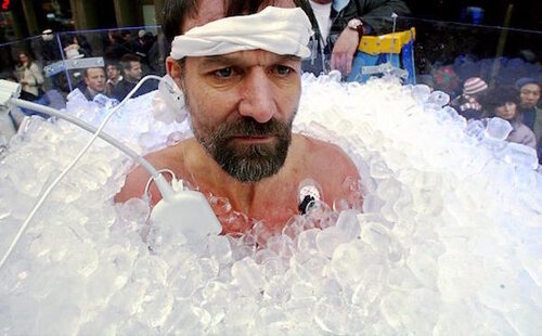 Wim Hof in ice blocks wearing sensors