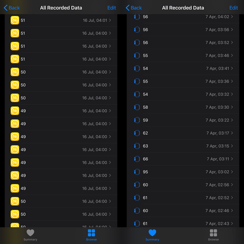 Wahoo TIKR (left) captures more data per minute than Apple Watch (right) per hour!