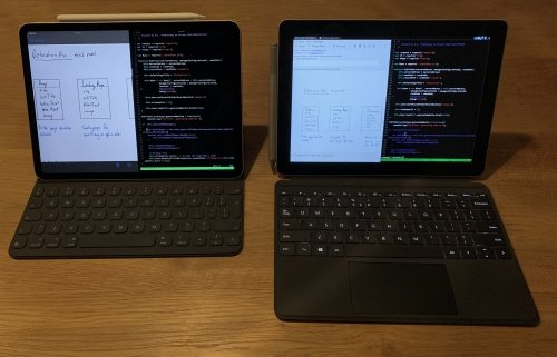 Using the customised Surface Go (right) for programming, similar to how I work using an iPad Pro (left)