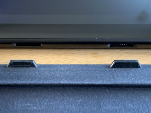 The keyboard connects using a magnetic connector that also provides power and connectivity (no separate battery or connection setup required)