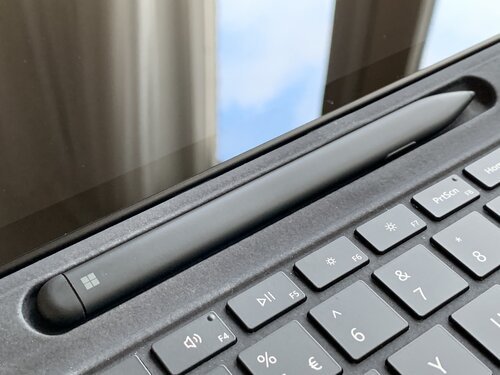 The Slim Pen is always ready, charged, within reach, above the function row of keys