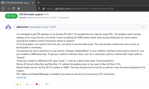 Resetting the buffers of the Surface broadband modem allowed it to work with Debian GNU/Linux!