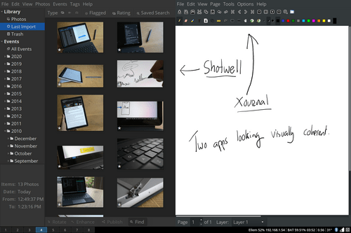 Shotwell (left) and Xournal (right) - two very different apps running side by side, looking visually coherent