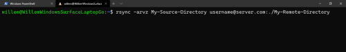 Typical rsync command, showing the -arvz flags, a My-Source-Directory and My-Remote-Directory on a server
