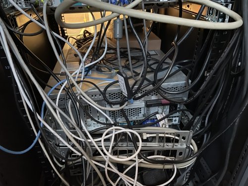 Typical on-premise server room situation: lots of intertwined wires