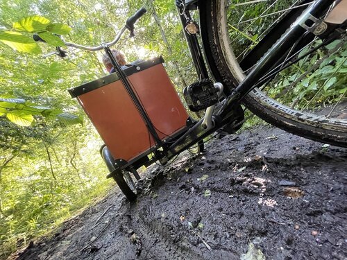 Stuck in mud offers an opportunity for the teambuilding effort to loose the jeep/spaceship/rocket - only adults see a cargo bike, ha!