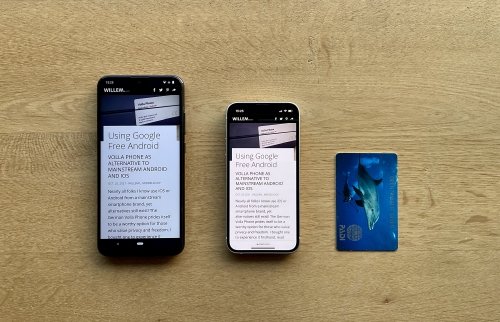 iOS maximises small screen usage: compare the commonly sized Volla Phone (left) with the iPhone Mini (center) - and a commonly sized card (right) for reference