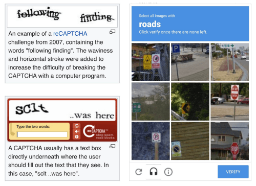 Typical CAPTCHA's you may encounter on the web (image credit: Wikipedia and Google)