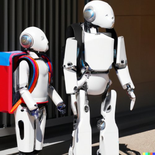 A photo of humanoid robot children going to school