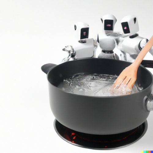 A photo of humanoid robots boiling water in a large pan on a white background