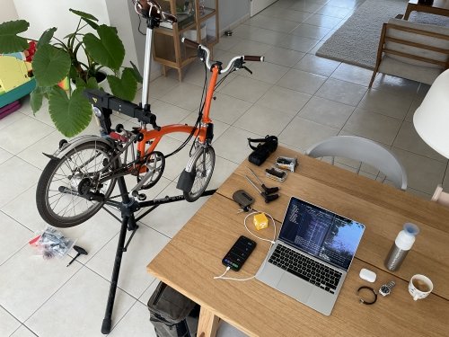 My bike with Bluetooth sensors connected to my MacBook running Xcode