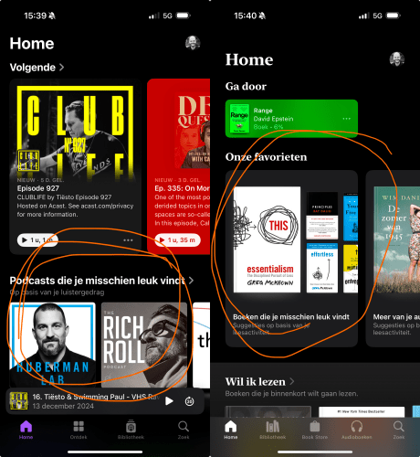 Left: Apple Podcasts, Right: Apple iBooks—both screens dedicate around half the interface to content I didn't request