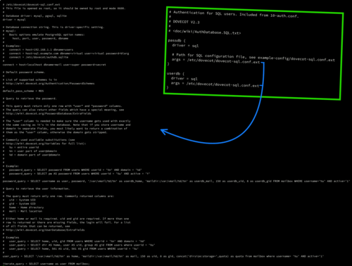 Dovecot 2.3 SQL backend setup (auth-sql.conf.ext and dovecot-sql.conf.ext)