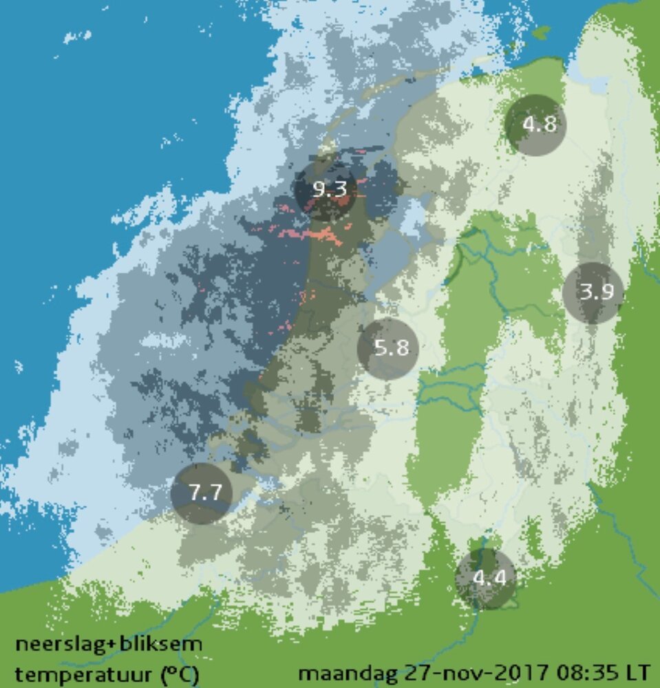 [image] Regenradarbild während der Testfahrt mit dem Electrified S (Quelle: knmi.nl)