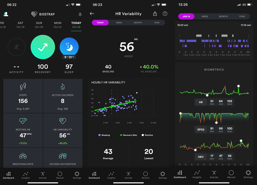 Die Biostrap-App zeigt die vom Biostrap-Sensor erfassten Daten