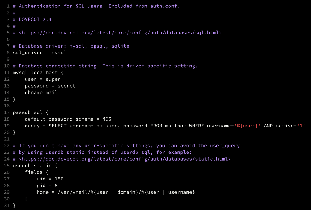 Dovecot 2.4 SQL-Backend-Setup (auth-sql.conf.ext) - jetzt viel kompakter als sein Vorgänger. Es gibt jetzt nur noch eine SQL-Abfrage, da die userdb-Sektion jetzt das statische Backend verwendet