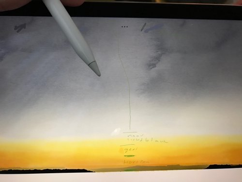 Creating the sky using digital water paint - note the little guide I added to help me creating the color gradient