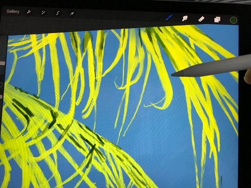 I started with the Palm leafs in one colour and using different shades of green to add depth and detail. I used a photo, taken by my buddy Niels, from a Palm tree on Cas Abou at Curacao.