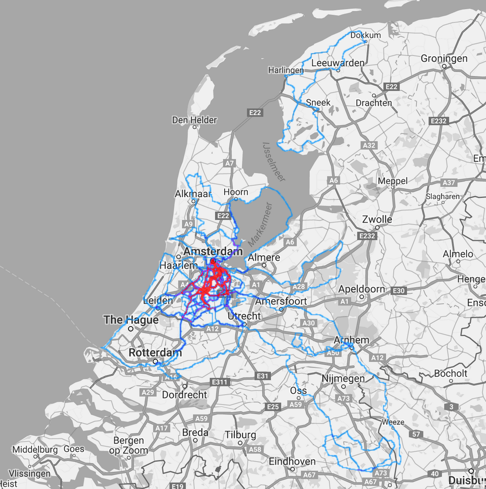 Heatmap of my bike rides in The Netherlands. Red indicates frequently driven routes.
