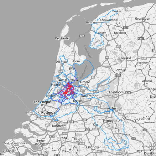 Heatmap of my bike rides in The Netherlands. Red indicates frequently driven routes.