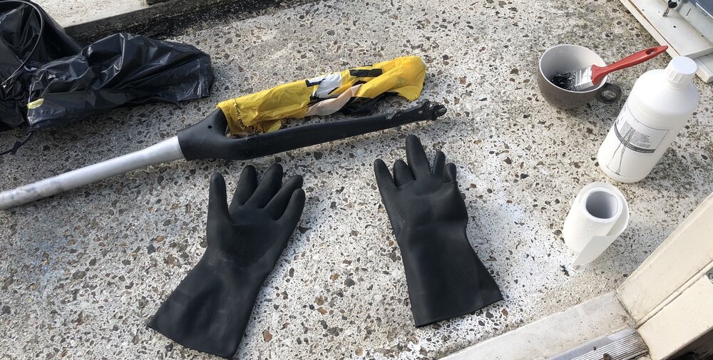 Front fork wrapped in plastic bag