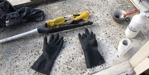 Front fork wrapped in plastic bag