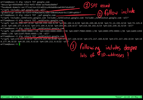 Using dig to get information about the SPF-records for a domain name, google.com