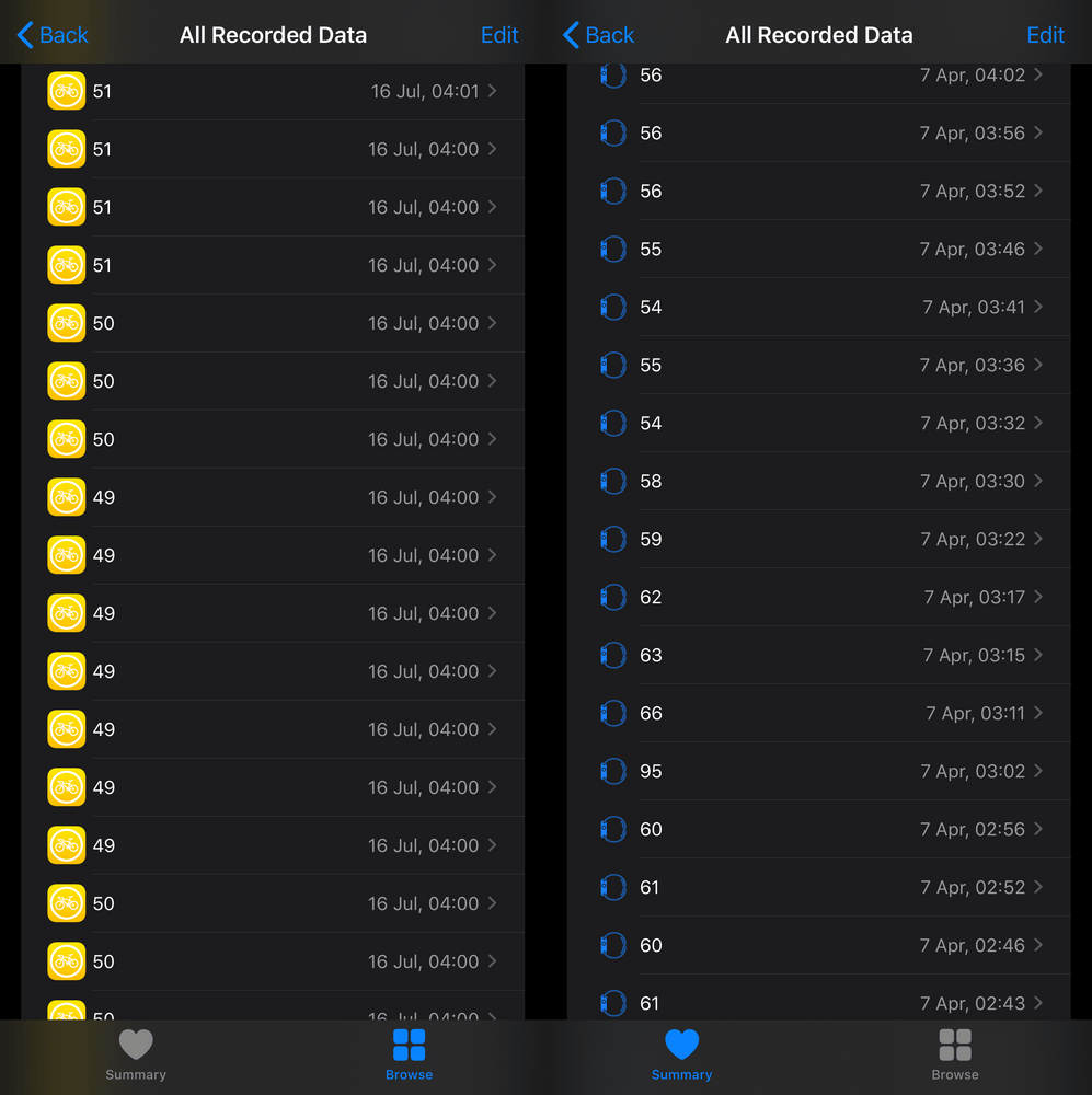 Wahoo TIKR (left) captures more data per minute than Apple Watch (right) per hour!