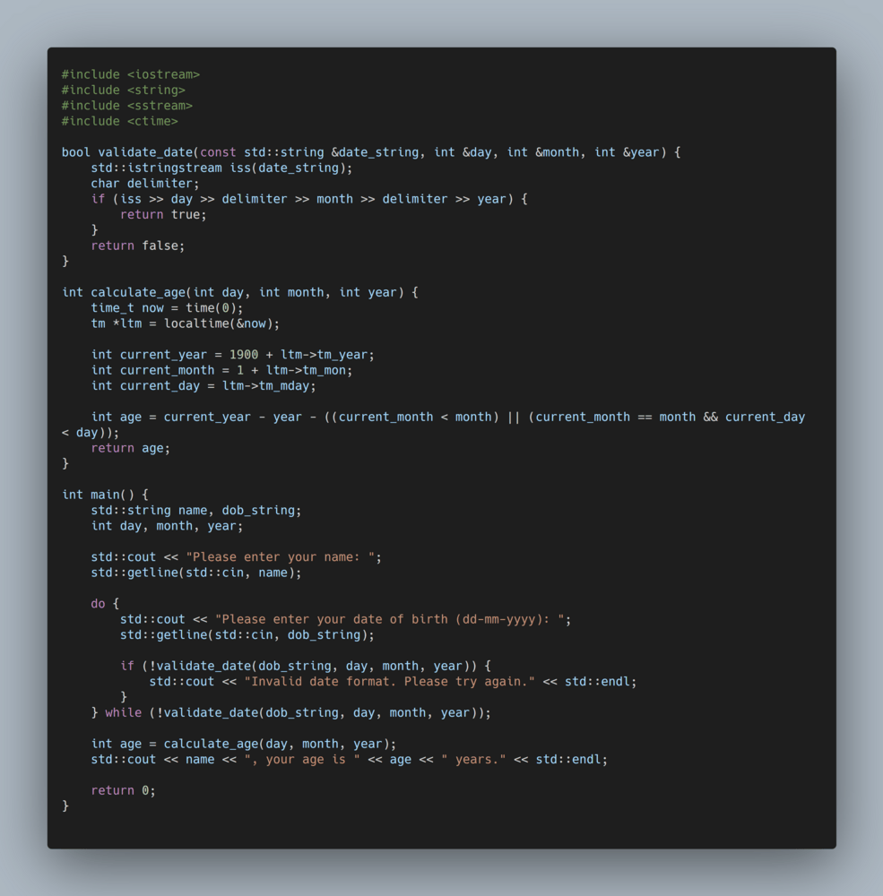 C++ example code: Determining the user's age