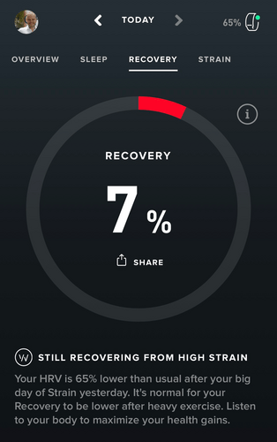The morning after WHOOP calculates the readiness of my body to take on (new) training strain - you can clearly see my body didn't recover overnight: just a 7% recovery score!