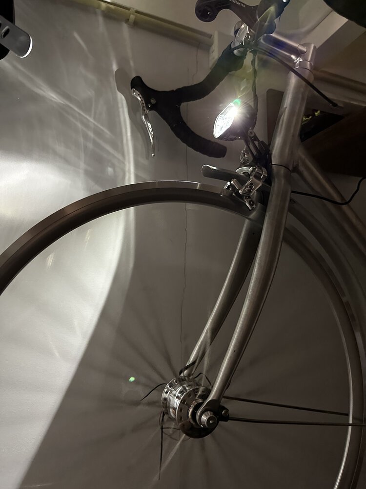 Testing the dynamo powered lights using some quickly connected loose wires - it works!