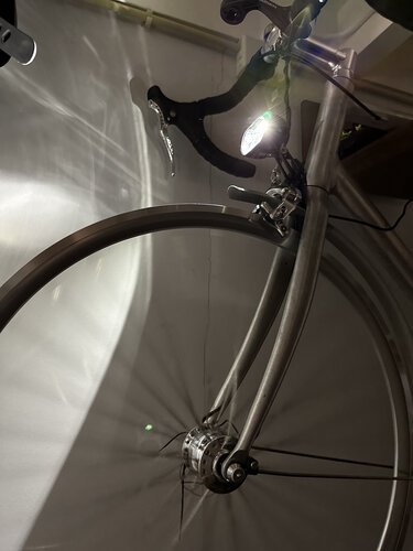 Testing the dynamo powered lights using some quickly connected loose wires - it works!