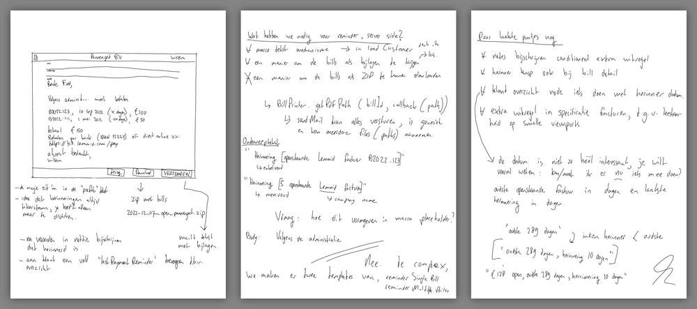 Thoughts on canvas (2022): Example of captured ideas, in Dutch, with UI sketches, code snippets, questions, actions, and decisions not to do certain features