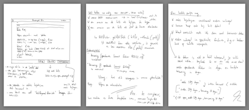 Thoughts on canvas (2022): Example of captured ideas, in Dutch, with UI sketches, code snippets, questions, actions, and decisions not to do certain features
