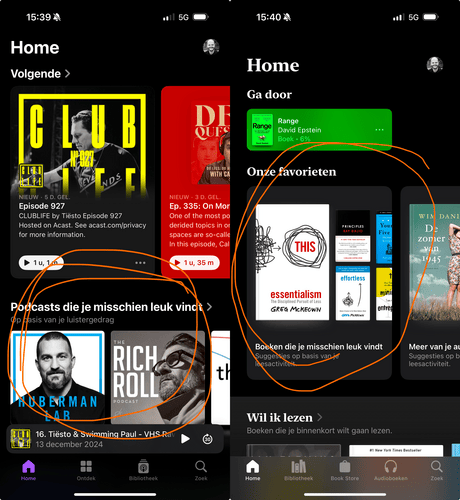 Left: Apple Podcasts, Right: Apple iBooks—both screens dedicate around half the interface to content I didn't request