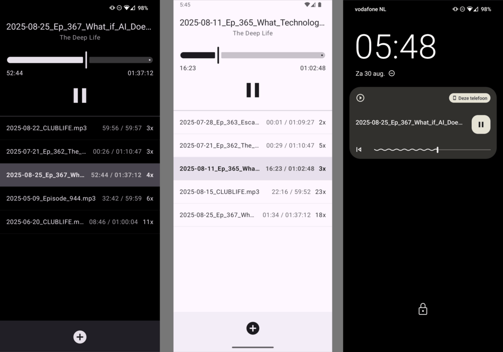 Auscultare: the podcast and audiobook player that tracks progress and play count, featuring a minimal light and dark design and perfect integration with Android (like lock screen play controls, and support for Bluetooth headsets and audio casting)
