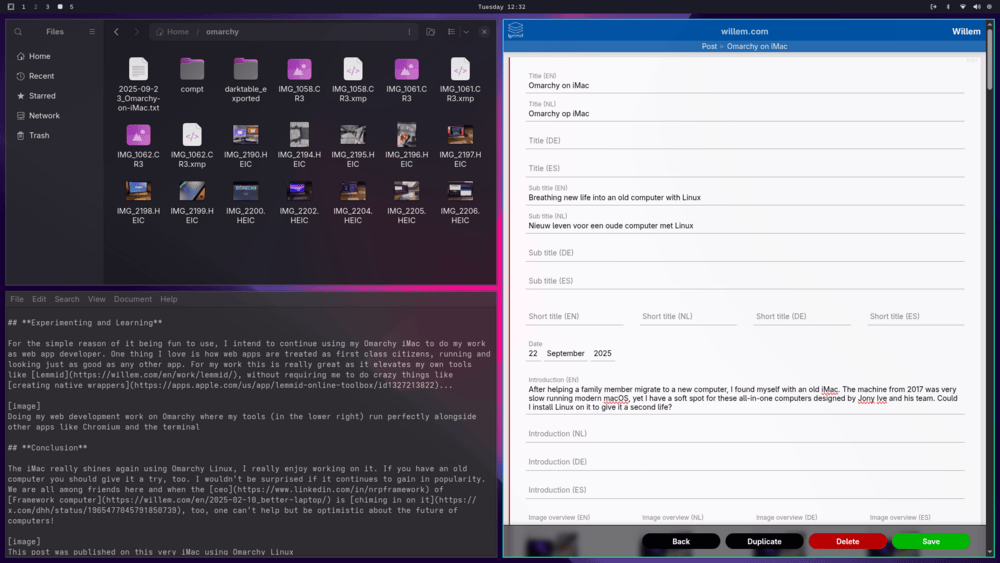 On the screenshot: Nautilus file explorer, Mousepad text editor and the Lemmid content management system running together on Omarchy
