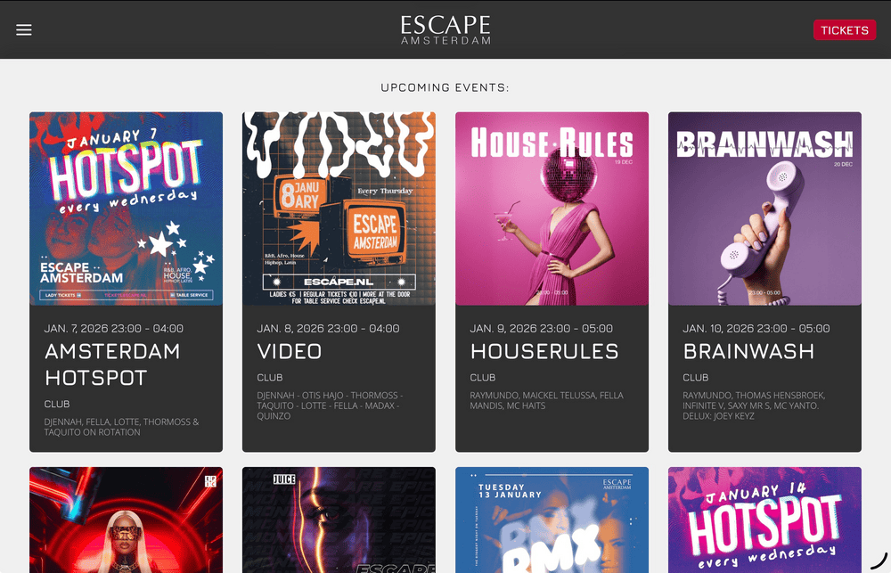 Automatically showing and hiding content keeps the club agenda up to date on escape.nl