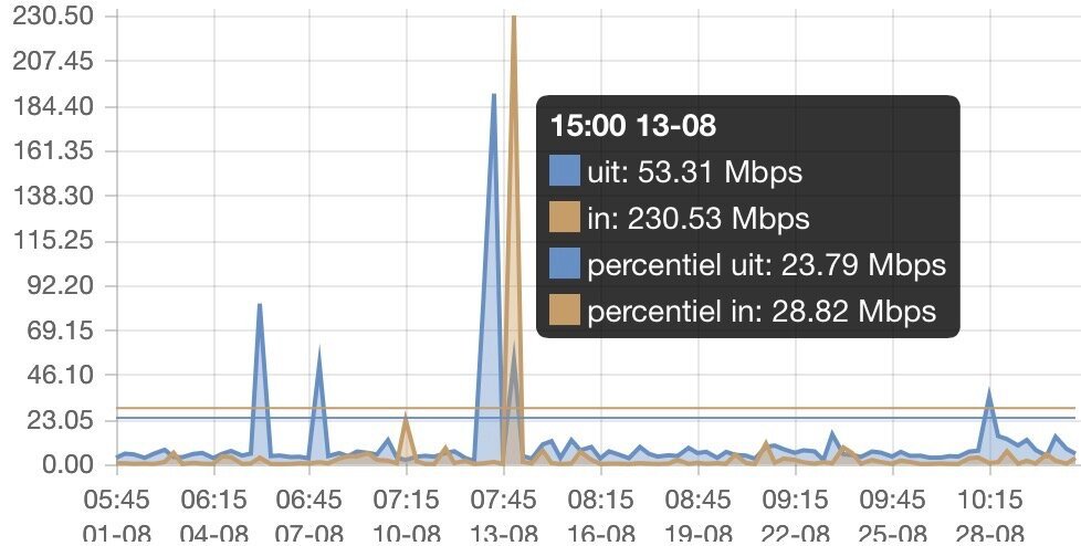 Los gráficos del sistema de monitoreo de conexión (del centro de datos real) muestran claramente cuándo probé mi pequeño servidor.
