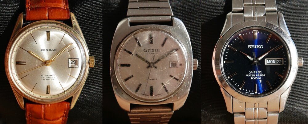 un Zerdax (de la década de 1960, con un valor aproximado de 100€), un Citizen (década de 1970 ~ 80€) y un Seiko (2008, 130€)