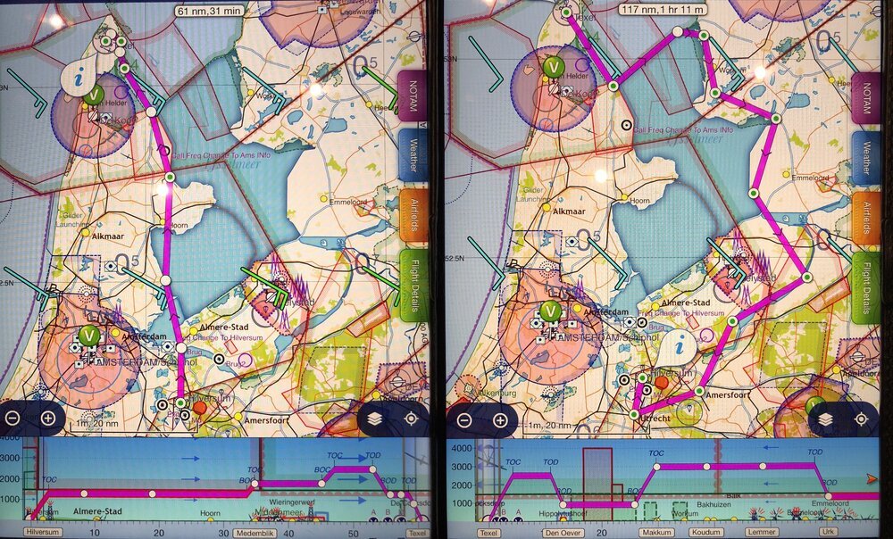 Ruta de vuelo indicada en morado